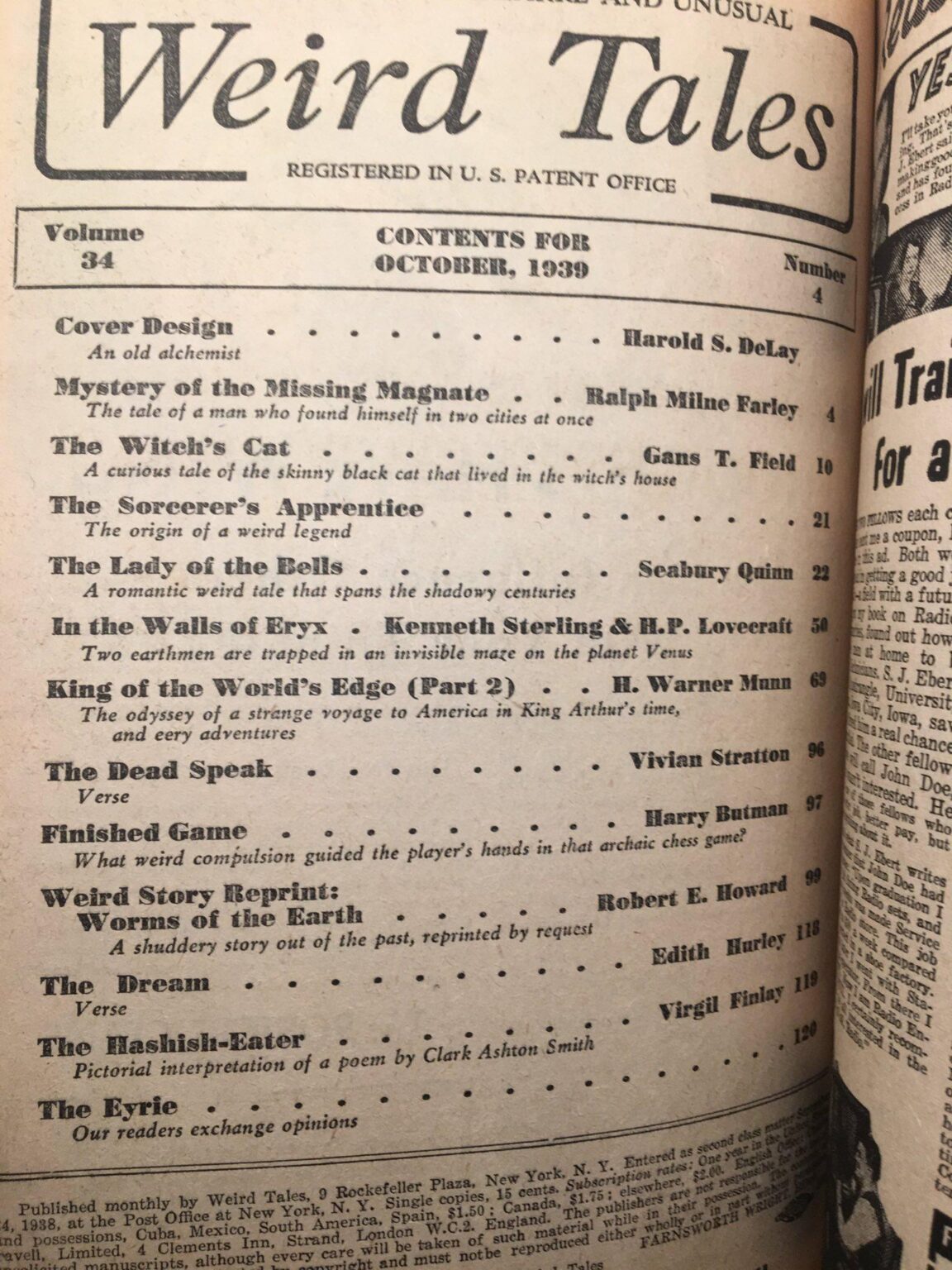 Weird Tales October 1939 [ Lovecraft - In The Walls Of Eryx ] - Image 2